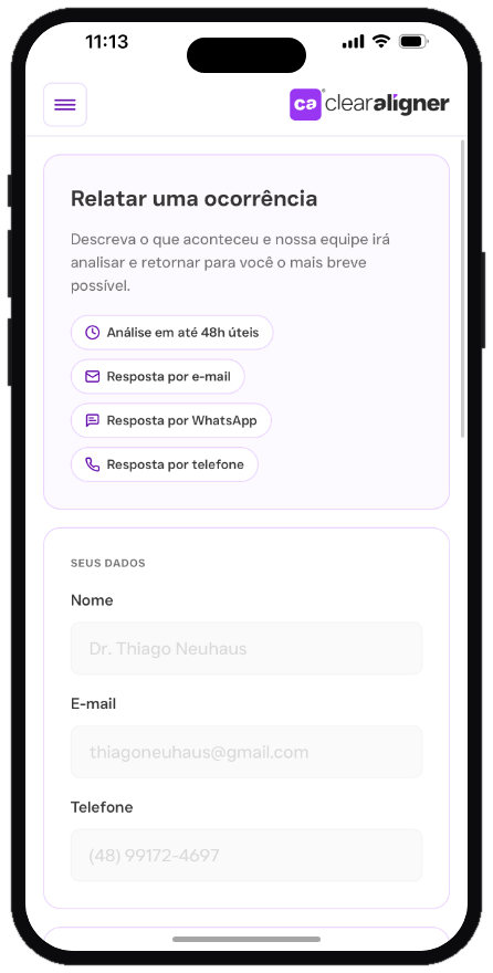 Tela de abertura de uma solicitação de atendimento no app