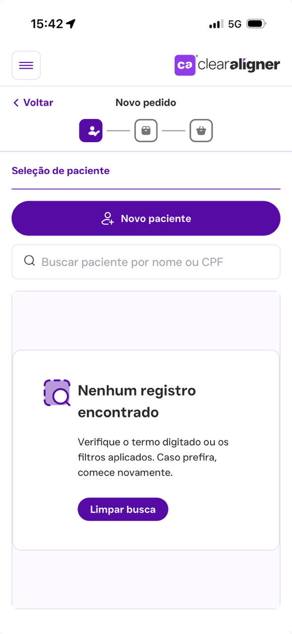Tela de novo pedido com seleção de paciente