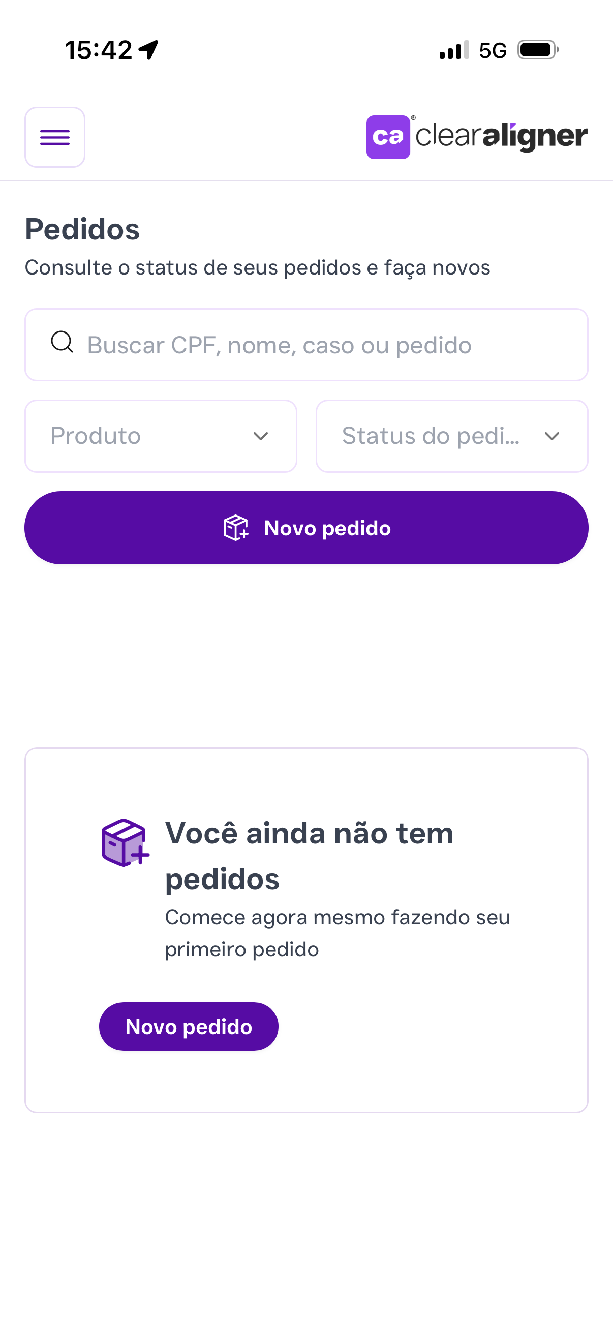 Tela de pedidos do app Minha CA